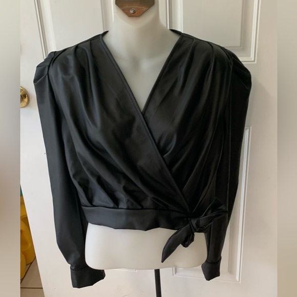 Small Generation K Black Pleather long sleeve snap side zip faux wrap Crop Top. - Picture 1 of 2